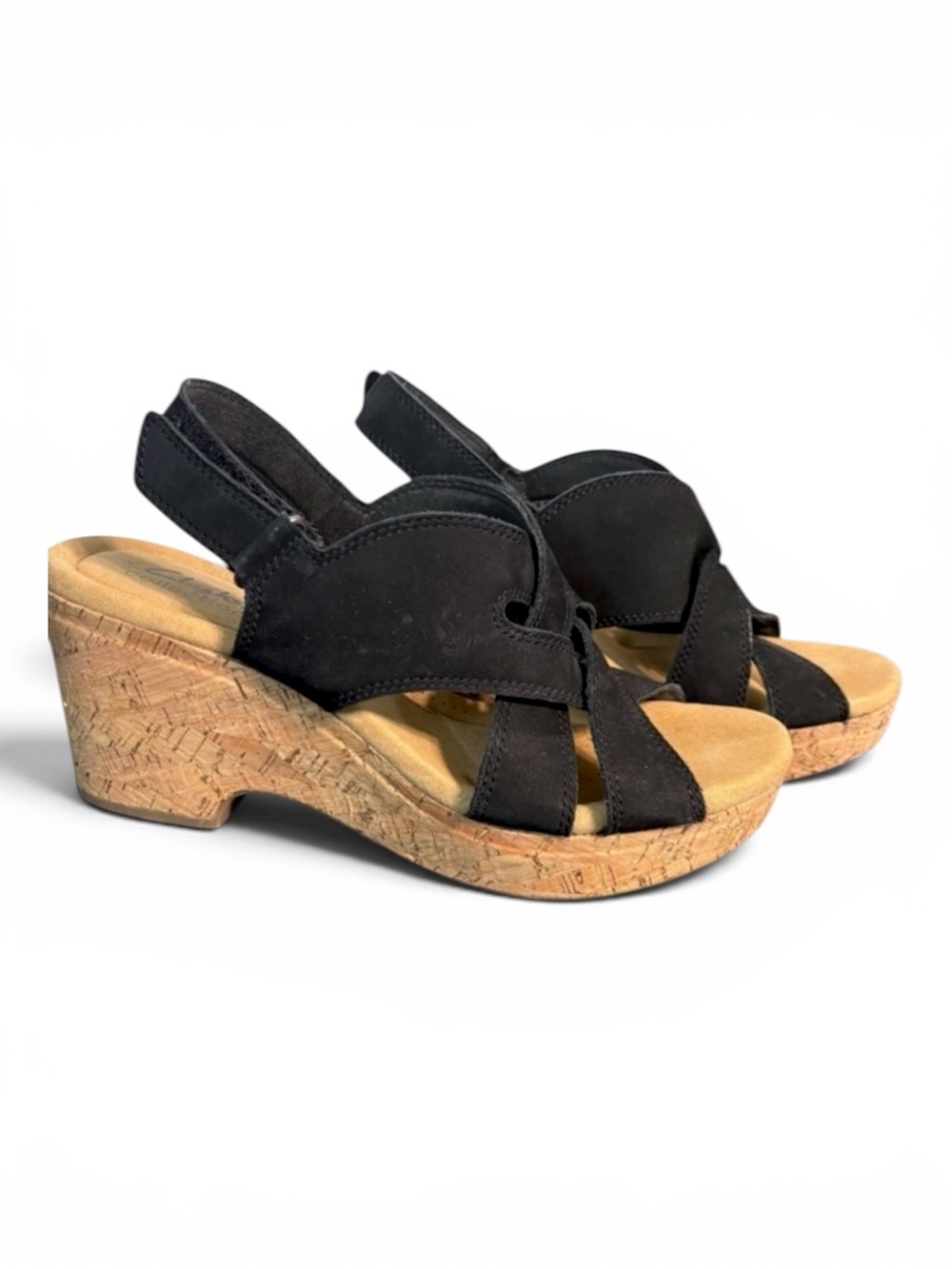 Clarks Giselle Flora Womens Suede Leather Cork Wedge Platform Sandals Black 9